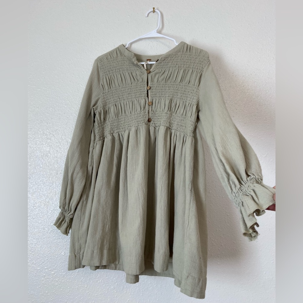 Free People Babydoll Dress / Tunic Bishop Sleeve Gauzy Taupe 😍 M